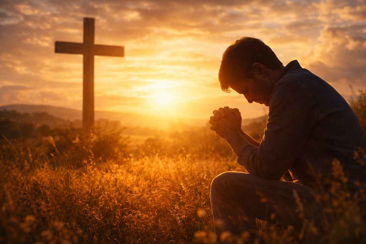 A man kneels in prayer at sunset beside a cross, reflecting Christian humility, grace, and the glory of overlooking an offense.