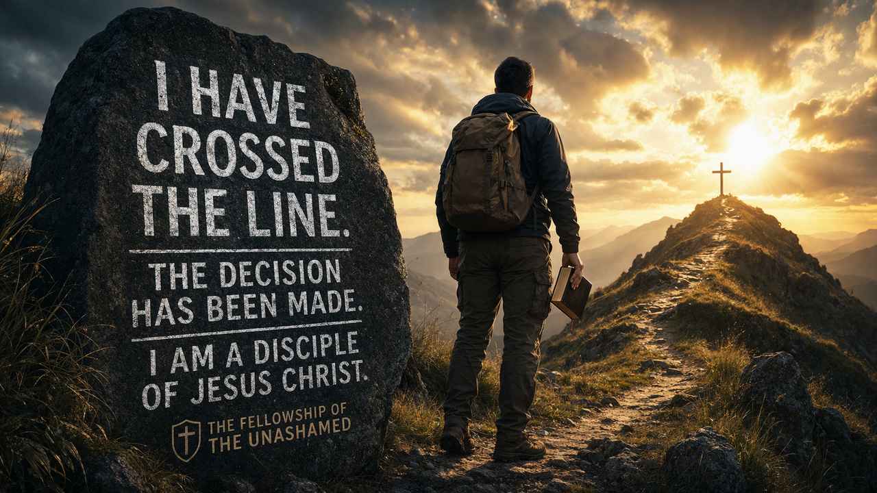Christian disciple standing on a mountain path at sunrise, holding a Bible and looking toward a cross, symbolizing costly Christian discipleship and unashamed faith in Christ