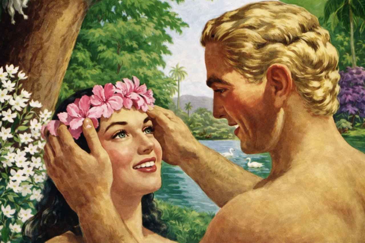 Adam joyfully receiving Eve in the Garden of Eden in Genesis 2, illustrating the dignity of women as God’s good gift.