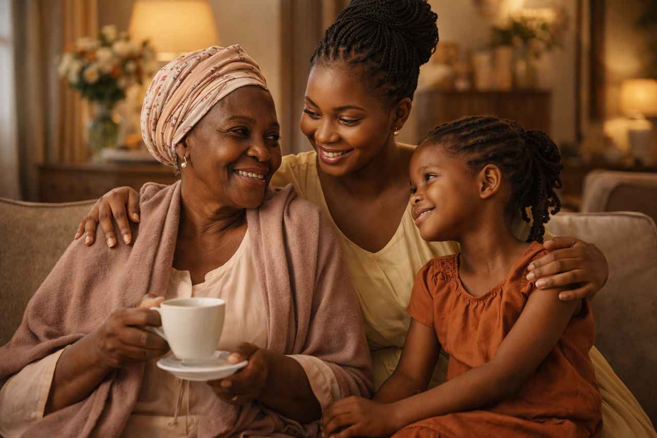 Three generations of African women sharing a warm, dignified moment together in a softly lit home.