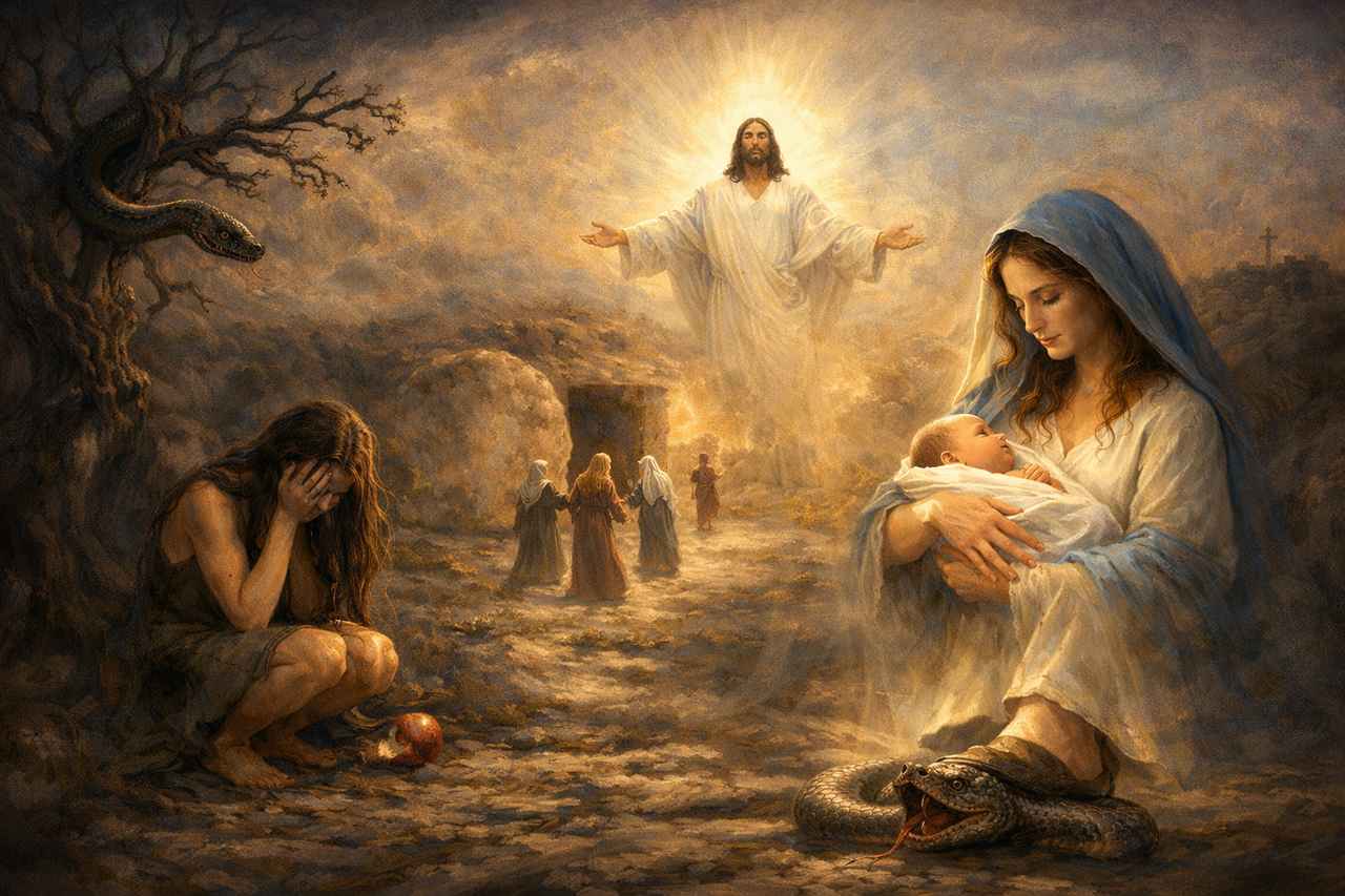 Illustration of redemptive history honoring women, showing Eve, Mary with the infant Jesus, and the risen Christ near the empty tomb.