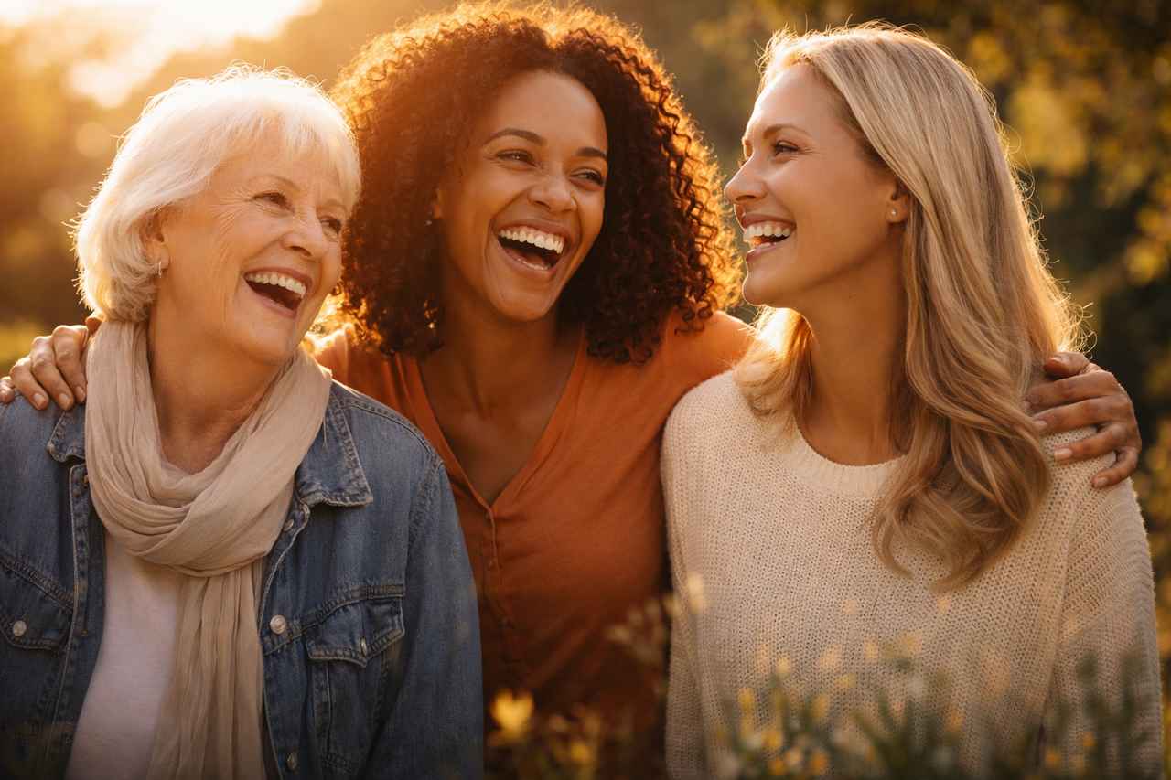 Three women of different generations smiling together outdoors, representing the timeless dignity, value, and honour of women in God’s creation.