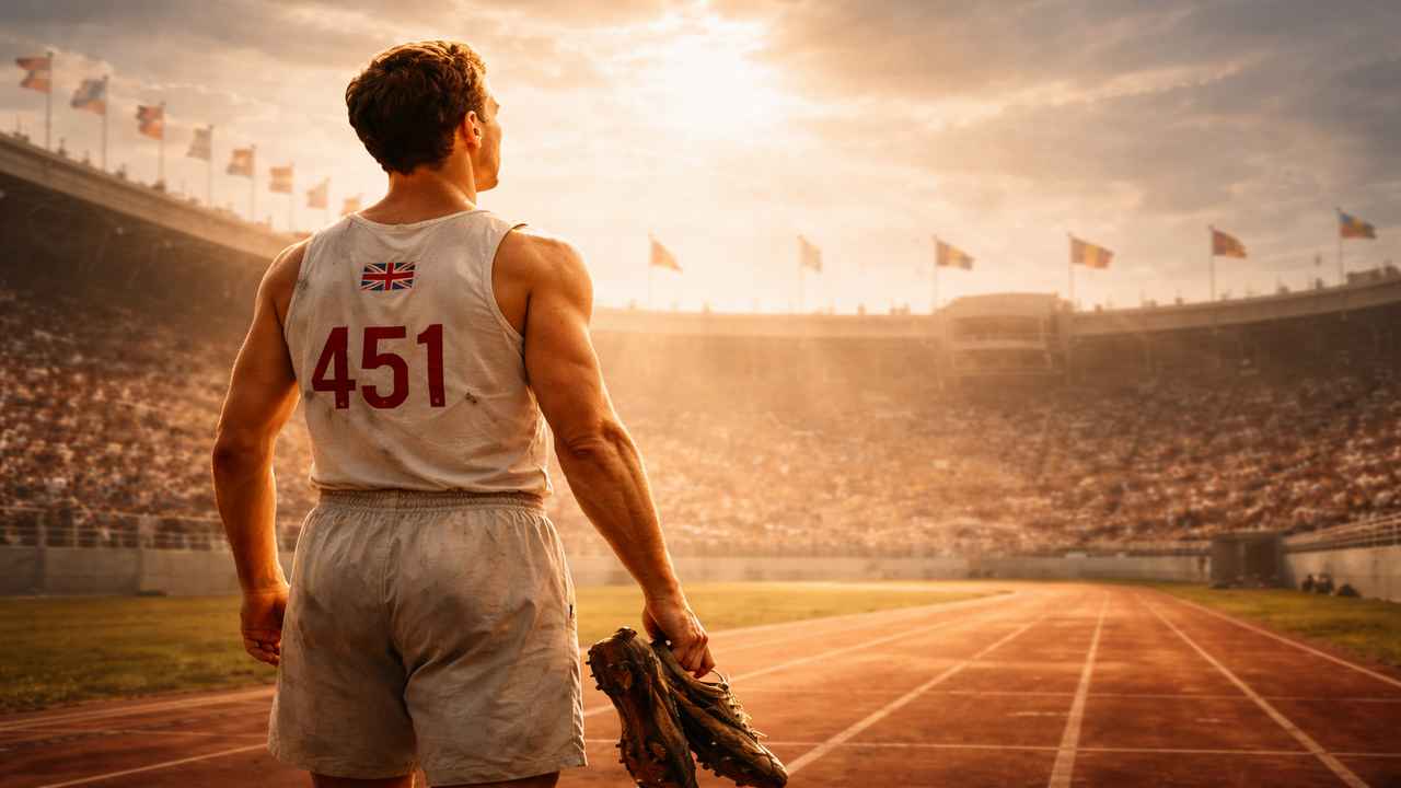 Eric Liddell standing on a stadium track at sunset, holding his running shoes after choosing faith over Olympic glory