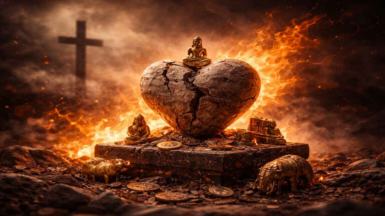 Stone heart idol bound with chains and surrounded by fire, with a cross in the background, illustrating the idolatry beneath every sin and hope in Christ.