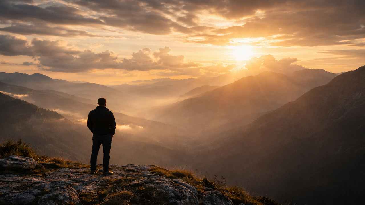 A lone man stands on a mountain ridge at sunrise, looking over a vast landscape, illustrating humility before the greatness of God.