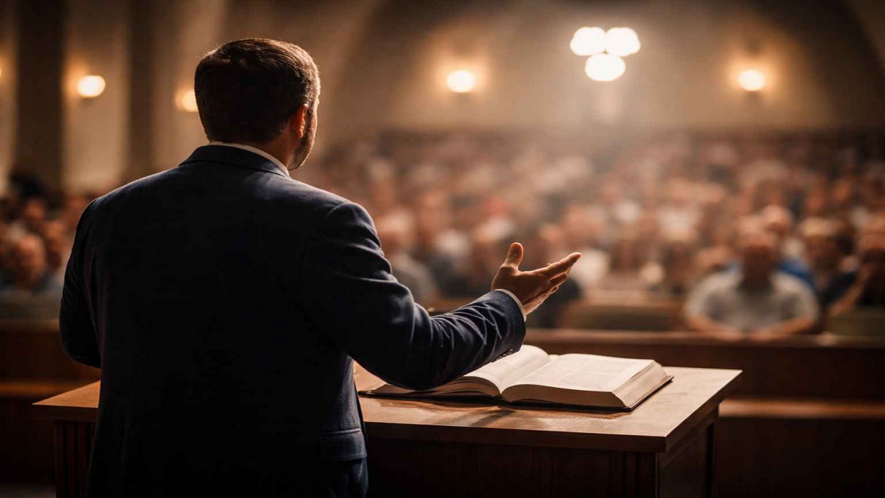 Christ-centered preaching with preacher standing at pulpit and open Bible before congregation