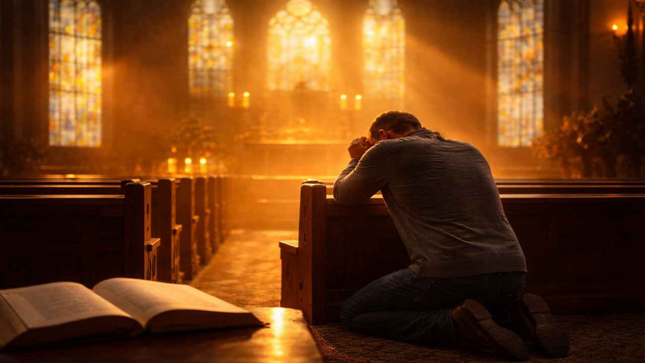 A man kneels in prayer inside a sunlit church sanctuary at the beginning of a new year, with an open Bible in the foreground.