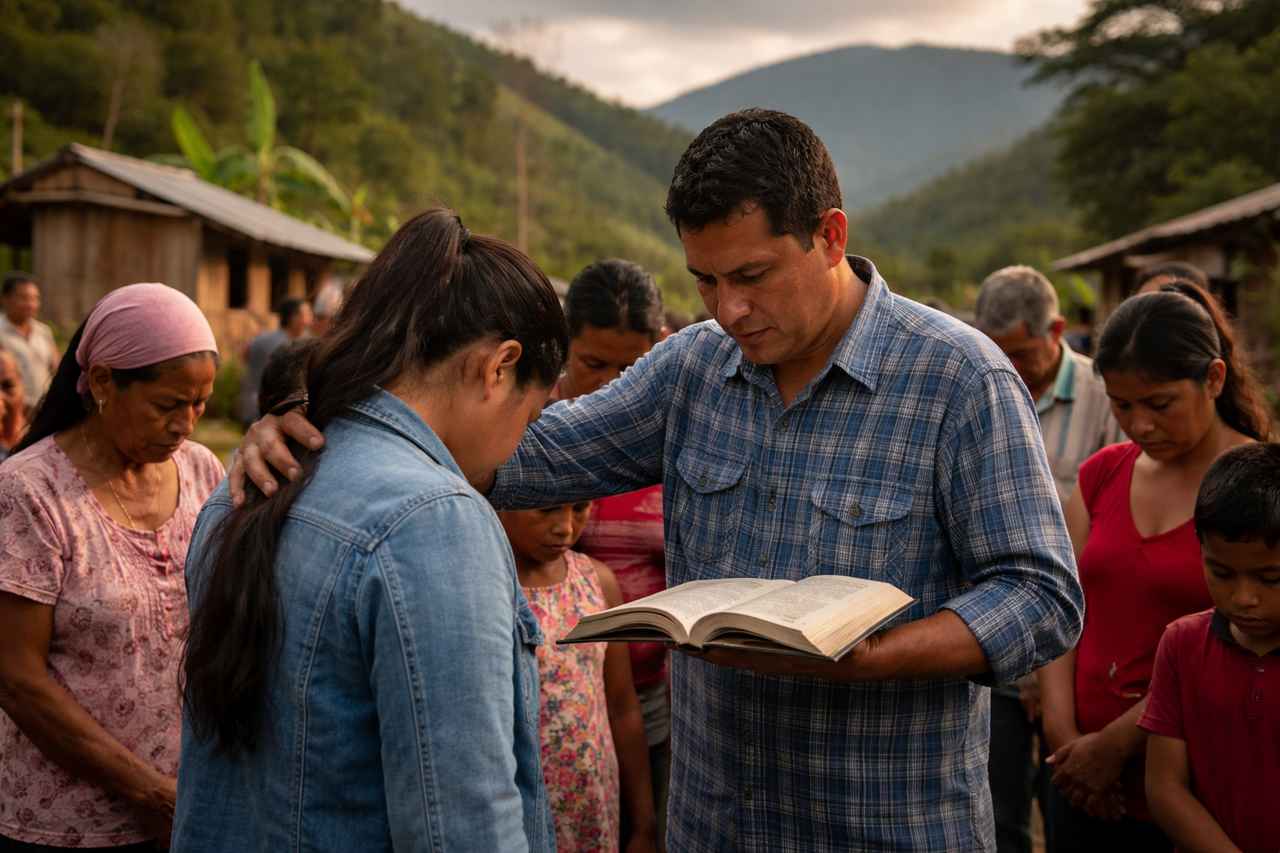 A man holding an open Bible stands with villagers with bowed heads in a rural mountain community in Colombia.