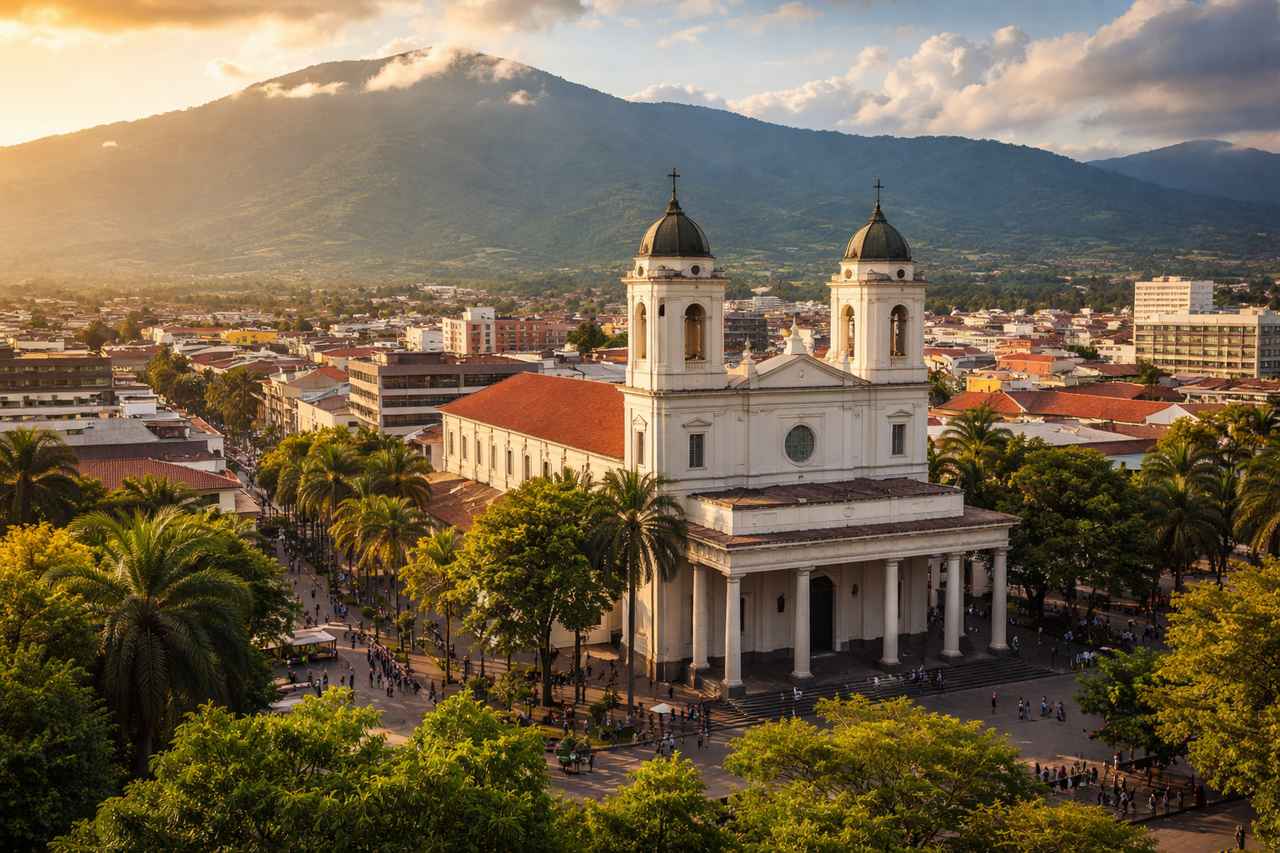 Cathedral and surrounding cityscape in San José, Costa Rica, with palm trees and mountain ridges in warm evening light.
