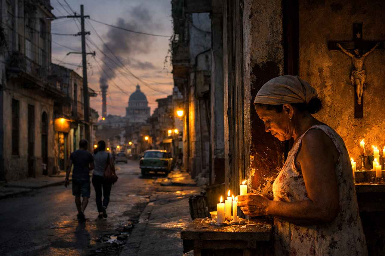 A woman lights candles in a doorway on a worn Havana street at dusk, with weathered buildings, pedestrians, and a distant domed building in the background.