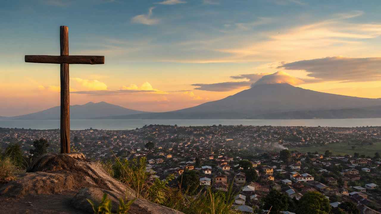 Wooden cross on a rocky overlook above a dense lakeside city and distant volcano at sunset in the Democratic Republic of the Congo.