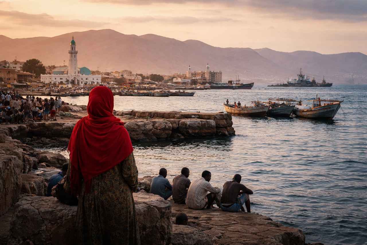 A woman in a red headscarf stands on a rocky waterfront in Djibouti, looking across fishing boats and a harbor at dusk with mountains in the background.