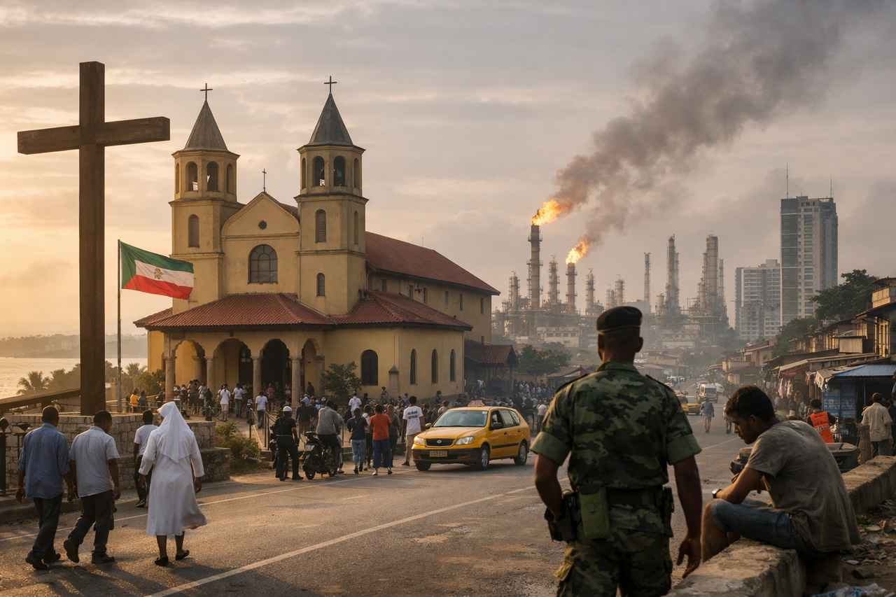 Street scene in Equatorial Guinea with a church, pedestrians, and an oil refinery in the distance at dusk.