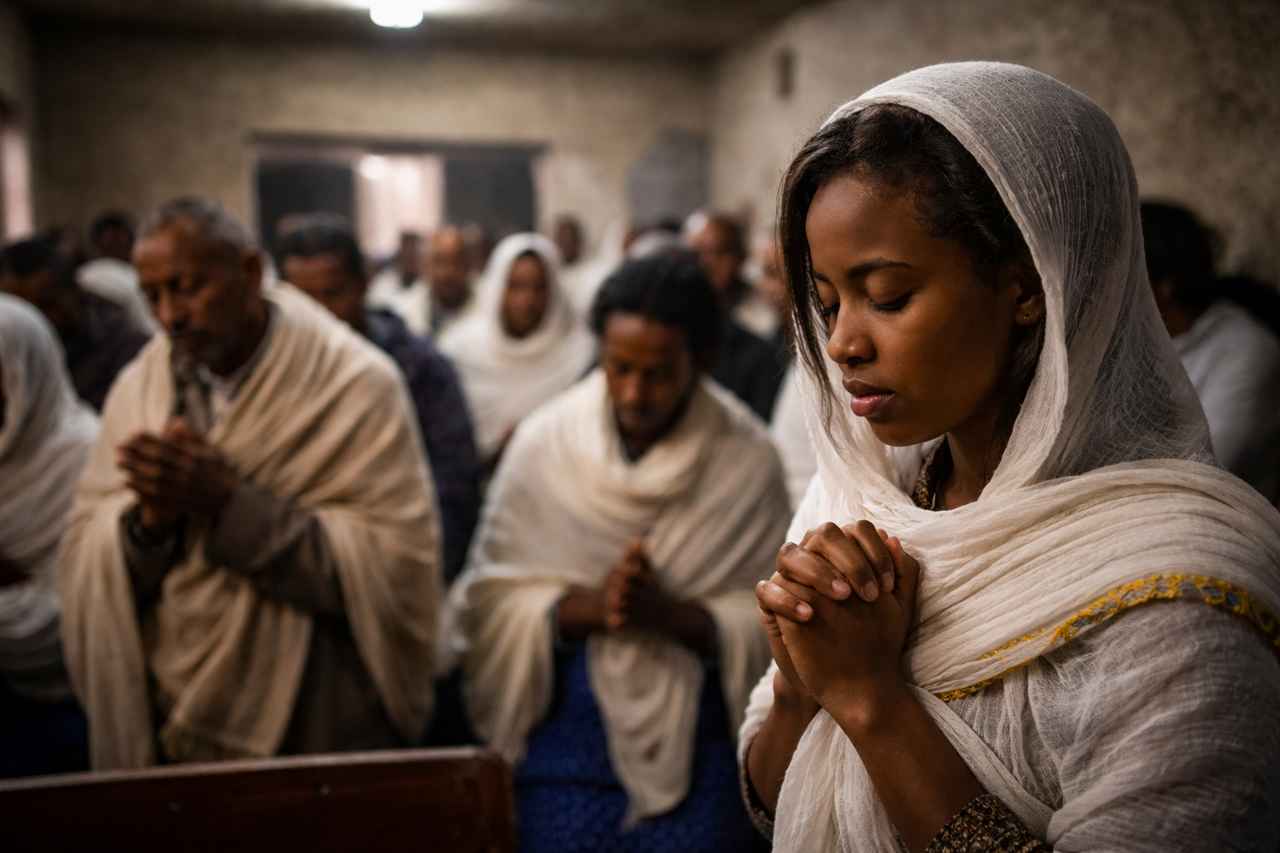 Young Eritrean woman in a white head covering prays in the foreground of a modest indoor gathering, with other worshipers softly blurred behind her.