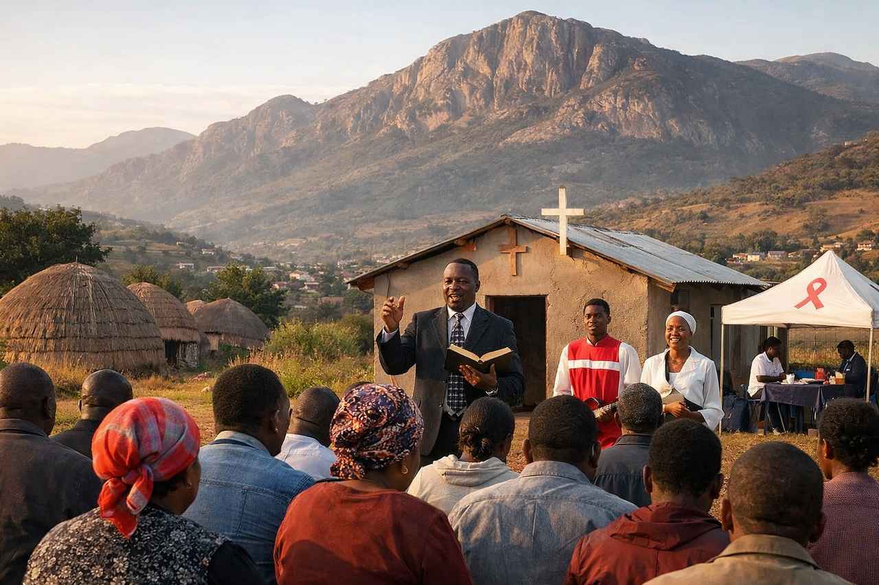 Outdoor church gathering in rural Eswatini with a pastor speaking to a seated congregation beside a simple church building and mountain backdrop.