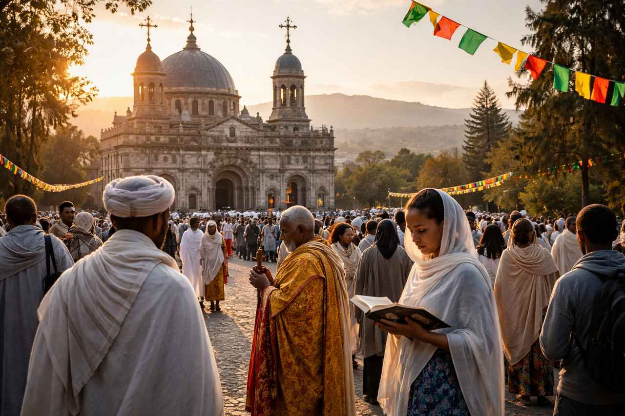 Large church gathering in Ethiopia outside a domed stone church, with worshipers in white garments and a young woman holding an open book in the foreground.