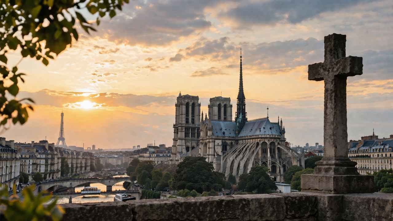 Sunset view over Paris, France, with Notre-Dame Cathedral above the Seine, the Eiffel Tower in the distance, and a stone cross in the foreground.