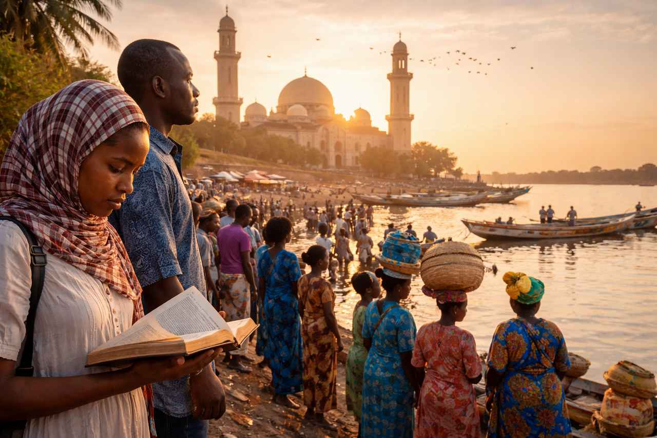 Woman holding an open book beside a man on a crowded riverside in The Gambia at sunset, with fishing boats and a large mosque in the background.