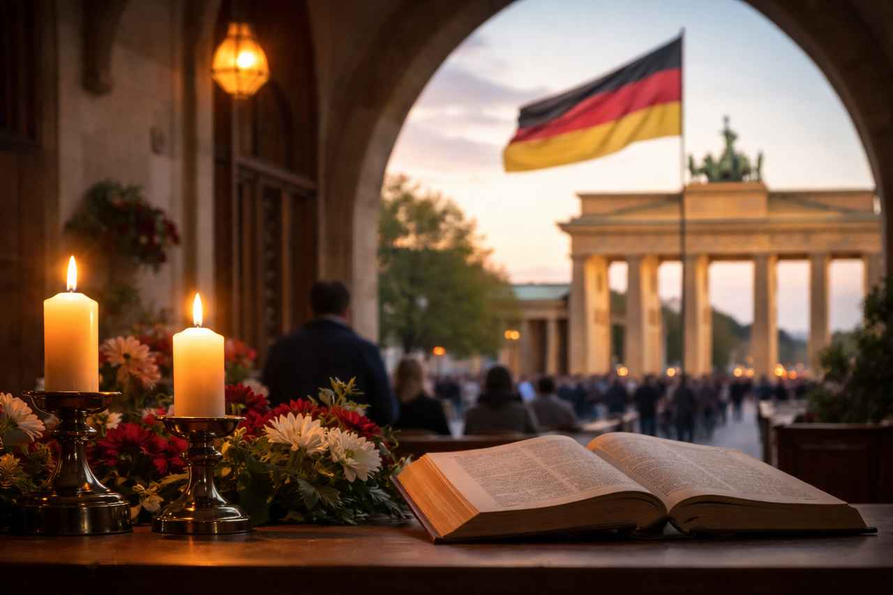 An open Bible and two candles on a table beneath a stone arch, with the Brandenburg Gate, a German flag, and a crowd at dusk in Berlin.