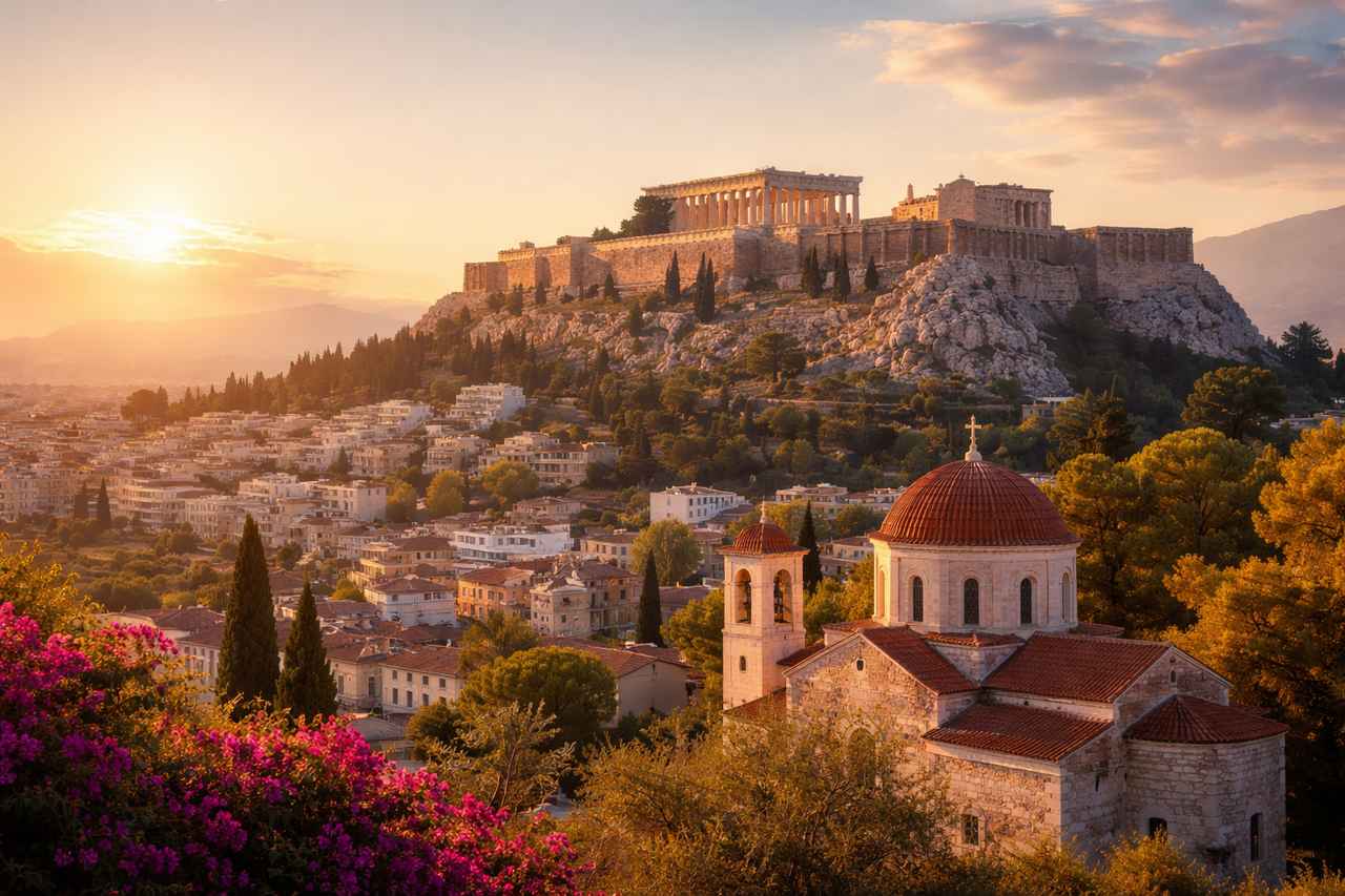 Sunset view over Athens, Greece, with the Acropolis on a hill above the city and a domed Orthodox church in the foreground.