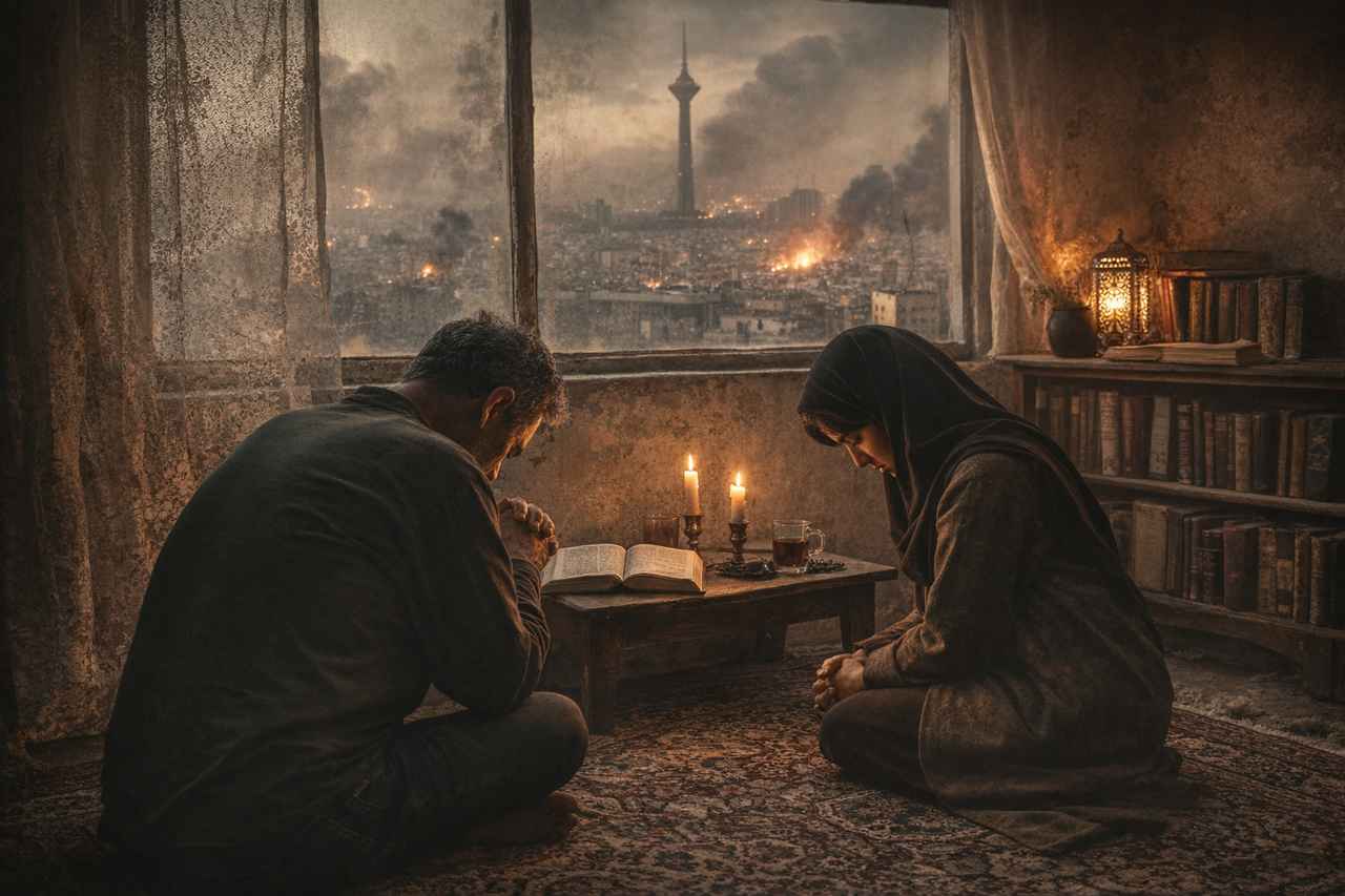 Two people with bowed heads sit on a rug in a dim room in Iran beside candles and an open book, with Tehran’s skyline and Milad Tower visible through a smoky window.