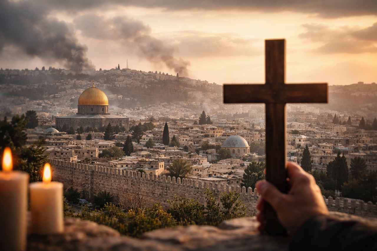 A hand holding a wooden cross overlooks Jerusalem at sunset, with the Dome of the Rock, city walls, candles, and smoke rising in the distance.