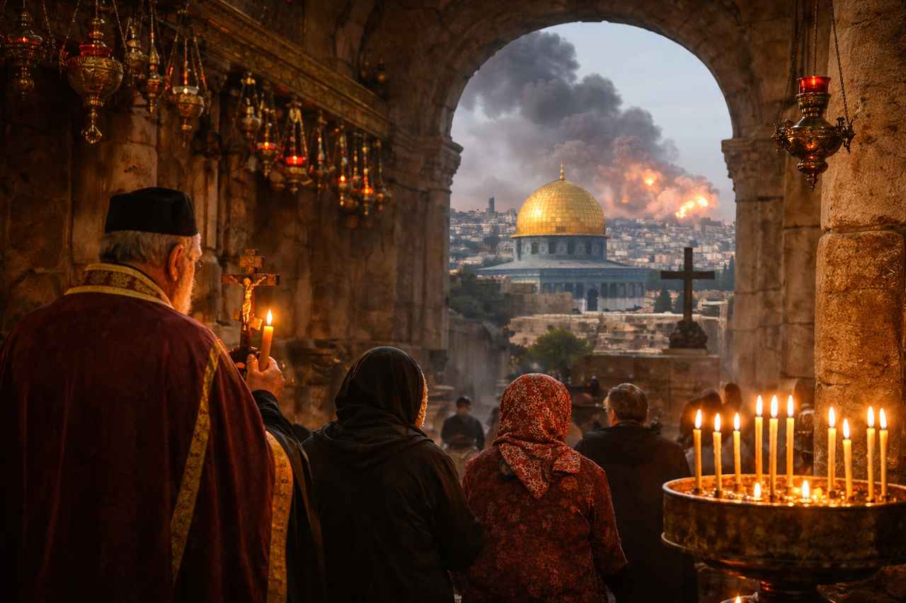 Candlelit worshippers and a priest inside a Jerusalem church look toward the Dome of the Rock beneath a smoke-filled sky in Israel.