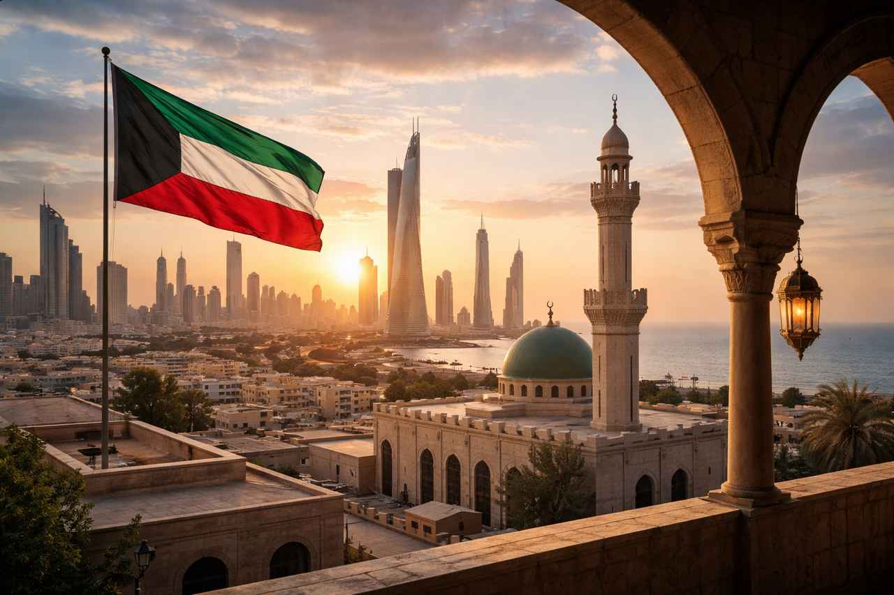 Sunset view of Kuwait City with a Kuwaiti flag, a mosque dome and minaret, and modern towers beside the waterfront, seen through a stone arcade.