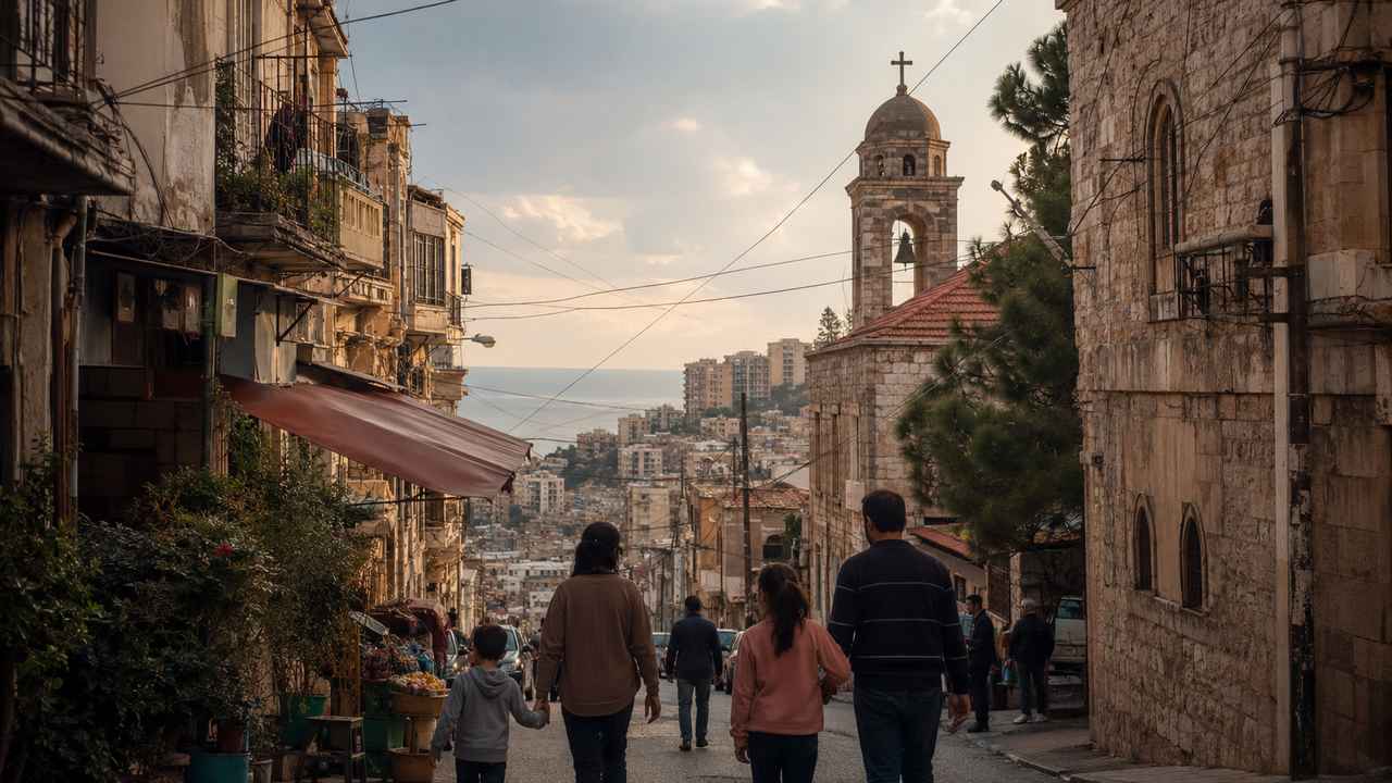 A family walking through a narrow Lebanese street with stone buildings, a church bell tower, and the Mediterranean coast in the distance.