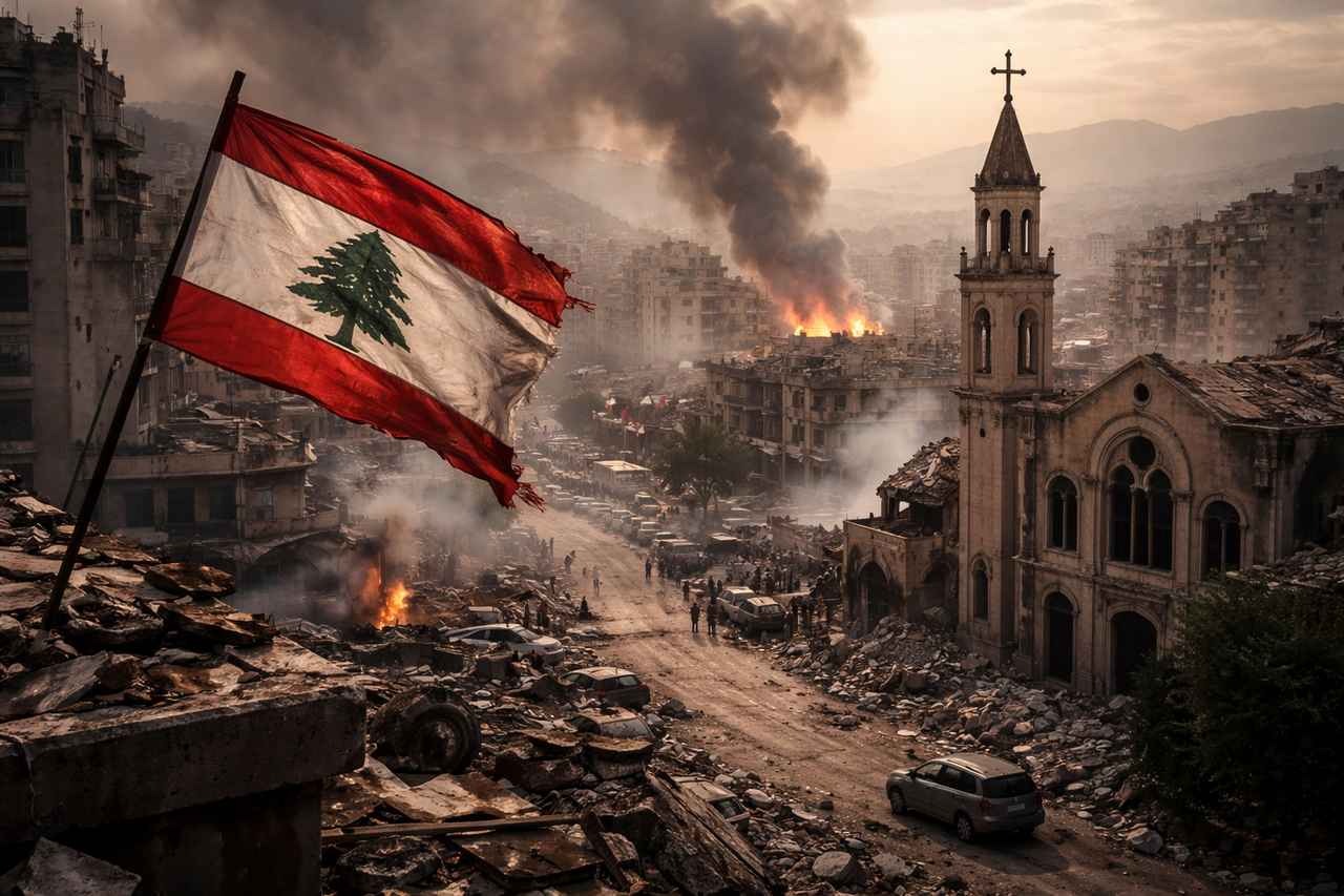 War-damaged urban street in Lebanon with smoke rising behind damaged buildings and a church tower in the distance.