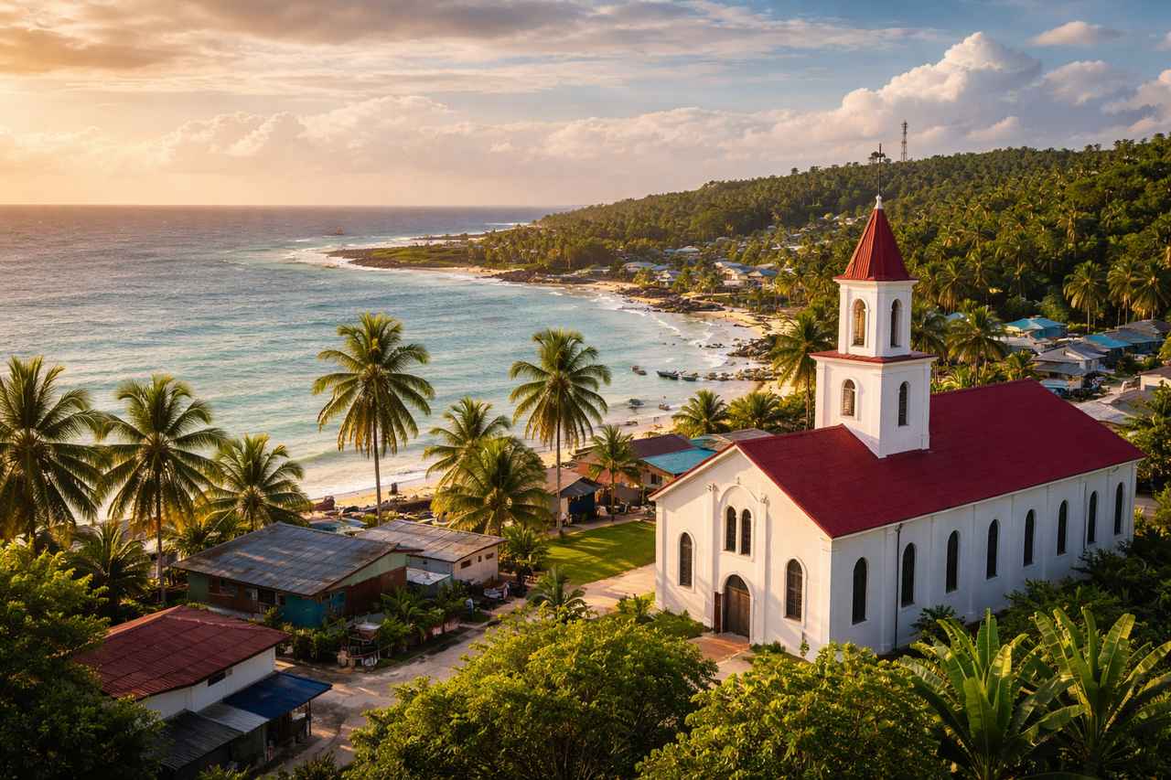 White church overlooking a tropical coastal settlement and shoreline in Nauru at warm evening light