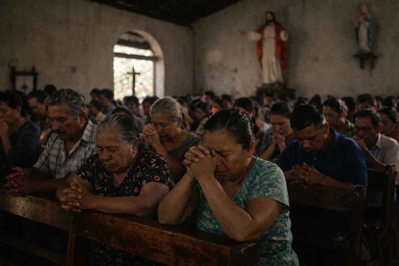 Worshipers bow in prayer on wooden pews inside a modest church, with worn plaster walls, an arched window, and religious statues in the background.