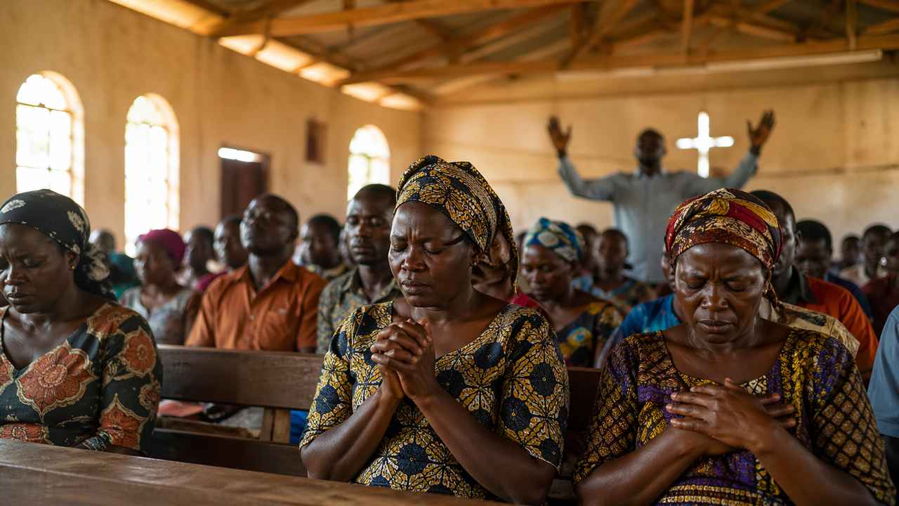 Congregants seated inside a modest church in Nigeria, with women in patterned clothing praying in the foreground.