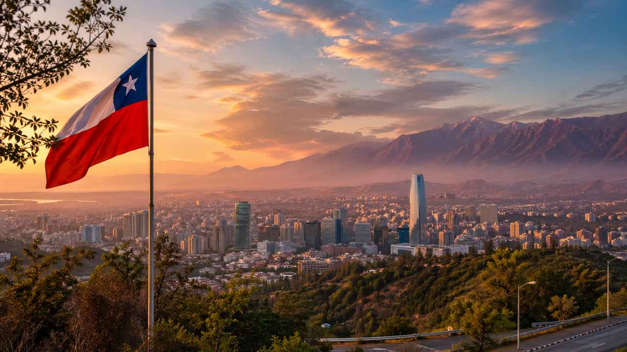 Chilean flag overlooking Santiago with the Andes in the background at sunset.