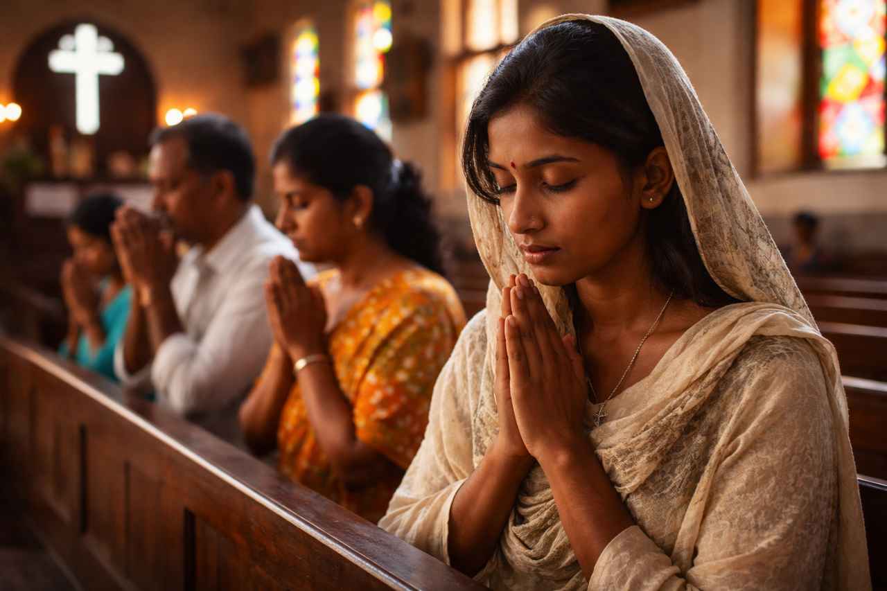 Indian Christians praying together inside a church, with a woman in the foreground and warm light falling across the sanctuary
