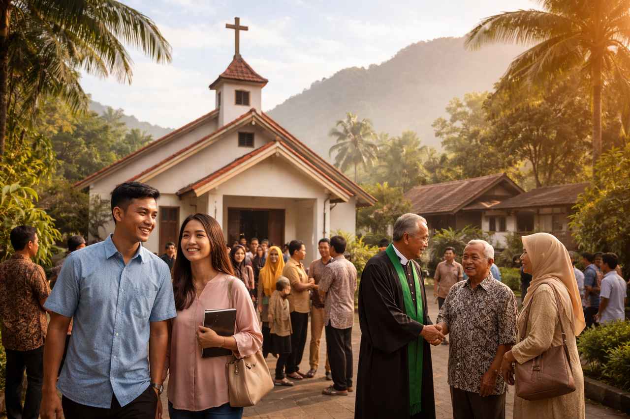 People gathered outside a church in Indonesia under warm late-afternoon light, with a pastor greeting visitors and tropical hills in the background.