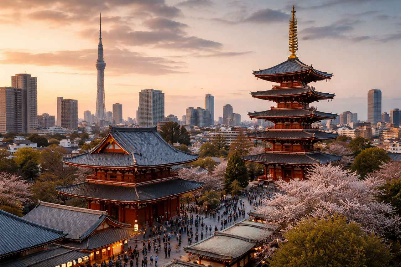 Historic temple buildings and a five-story pagoda in Tokyo at sunset, with cherry blossoms, small crowds, and the modern skyline in the background.