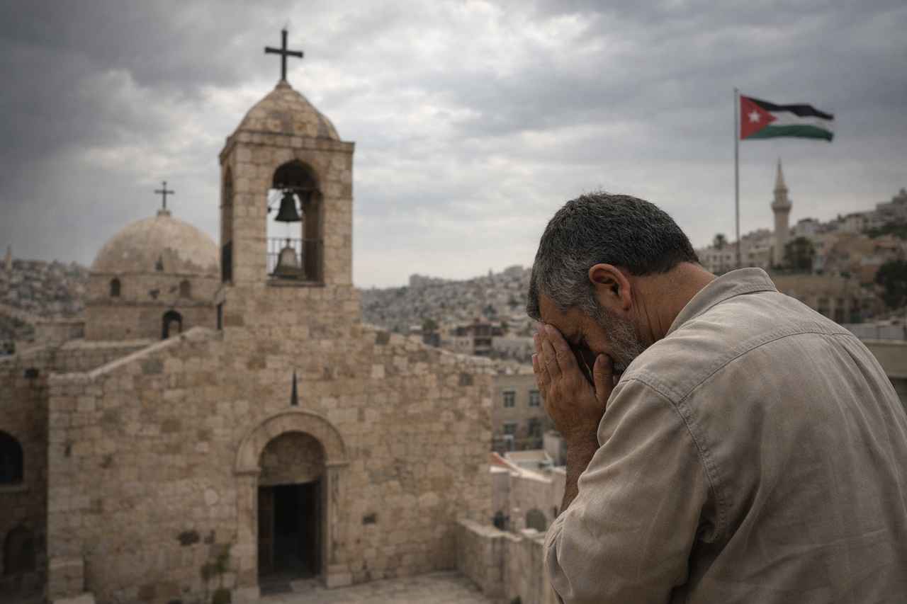 A man bows his head in prayer beside a historic stone church and city skyline in Jordan under a cloudy sky