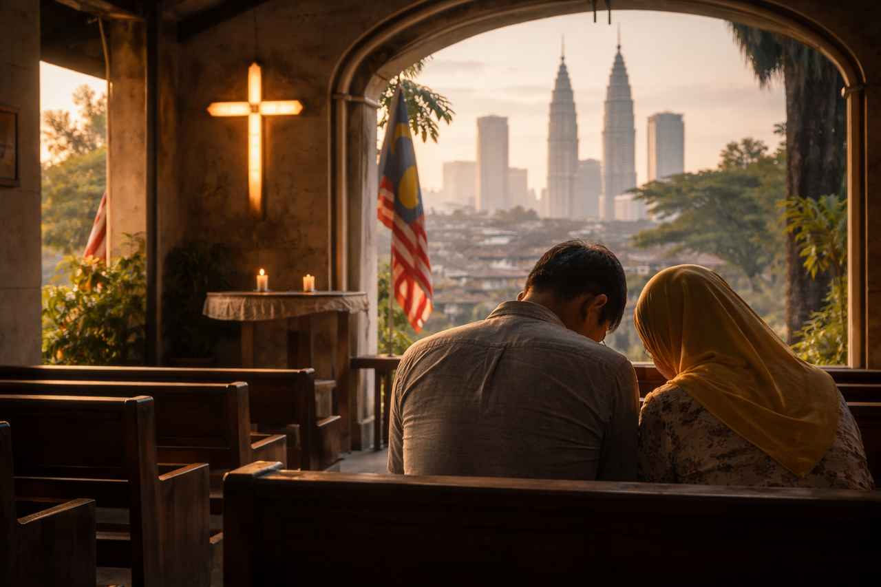 A couple sit with bowed heads in a church interior in Malaysia, with a cross, candles, the Malaysian flag, and the Kuala Lumpur skyline beyond an open arch.