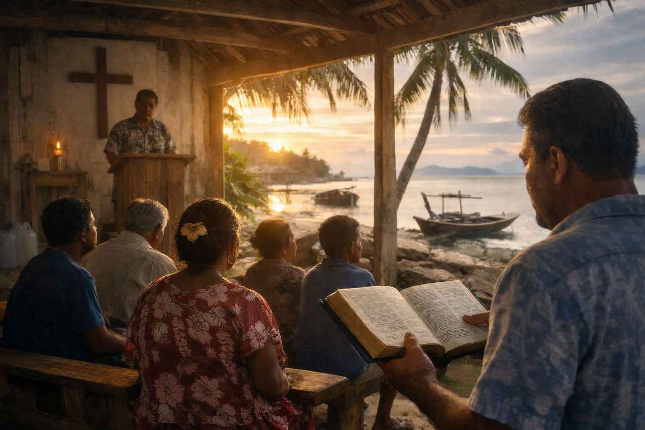 Micronesian believers gathered at an open-air coastal church service at sunset, with a pastor preaching and a man holding an open Bible by the sea