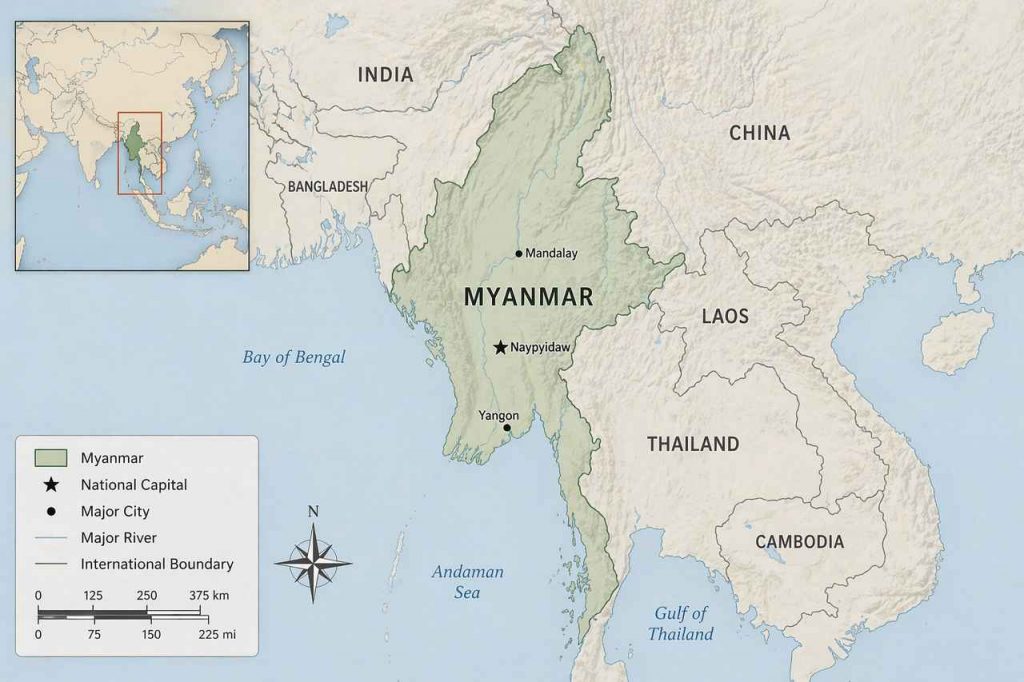 Regional locator map of Myanmar in Southeast Asia, with Myanmar highlighted beside India, China, Bangladesh, Laos, Thailand, and Cambodia, plus an inset showing the wider region.