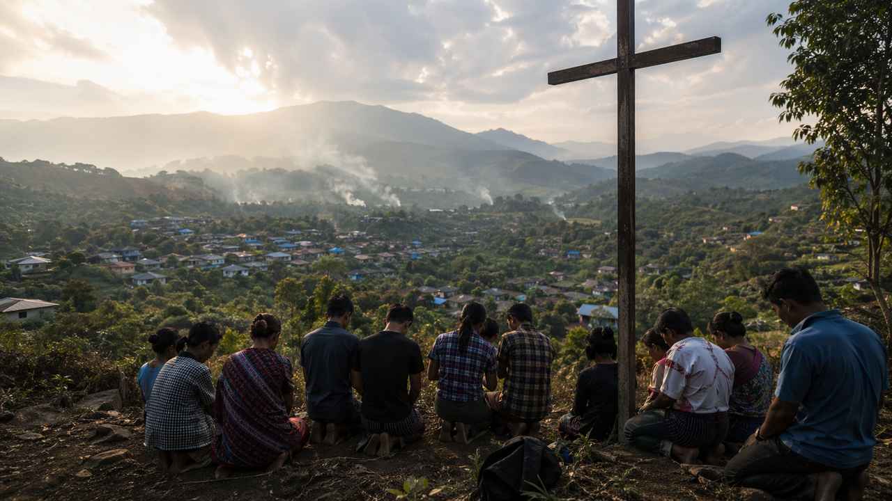 A small group kneels beneath a wooden cross on a hillside overlooking a mountain village in Myanmar, with smoke rising in the valley and evening light over the mountains.