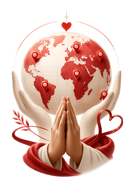 Praying hands before a globe with red location markers, representing prayer for the nations and global intercession.