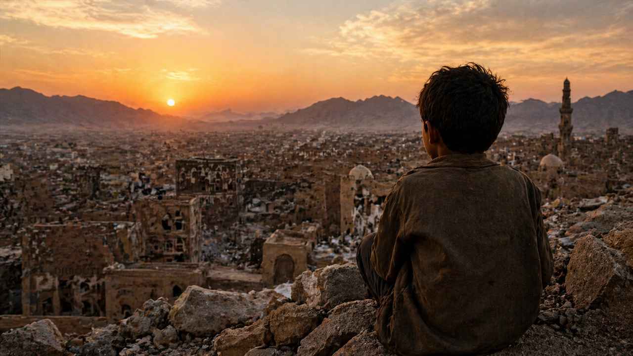 A child sits on rocky rubble overlooking a war-damaged city in Yemen at sunset, with mountains and a minaret in the distance.