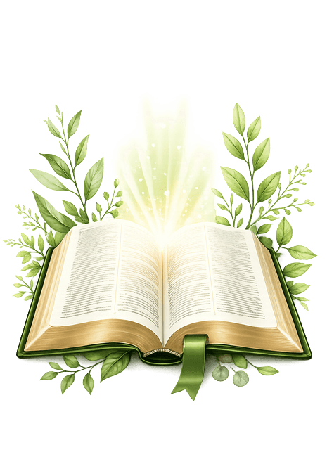 Open Bible with green leaves and glowing light, representing joyful Scripture reading and Bible study resources.