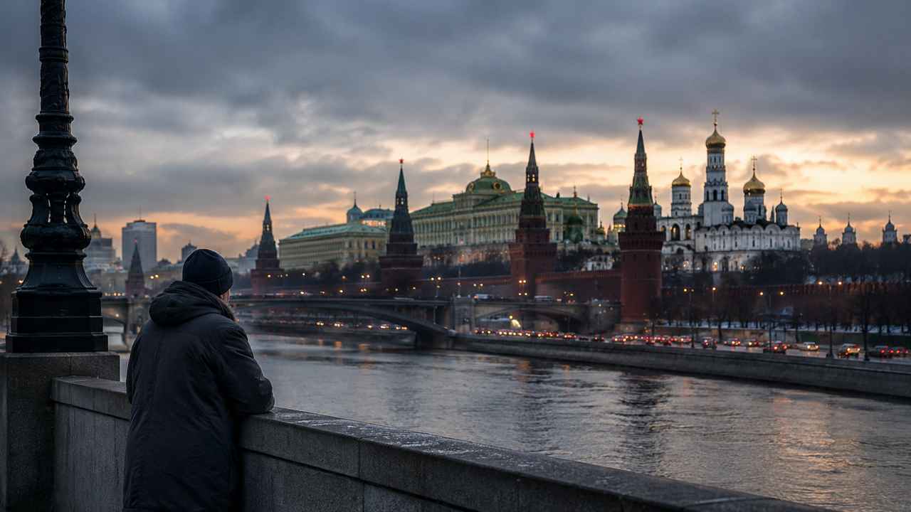 A solitary person stands beside the Moskva River in Moscow at dusk, looking toward the Kremlin walls and church domes under a cloudy sky.