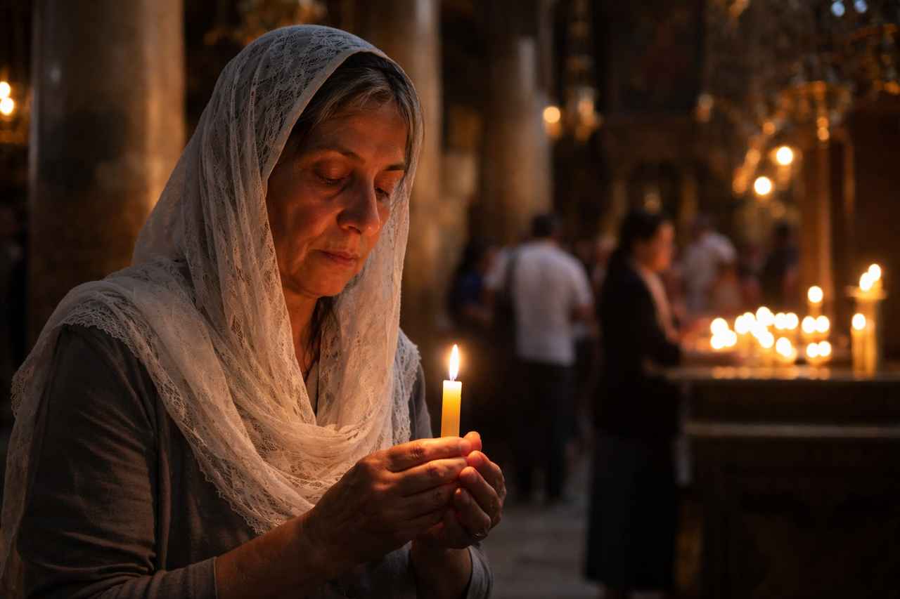 A Palestinian Christian woman holds a lit candle inside a dim church while other worshipers stand in the background.