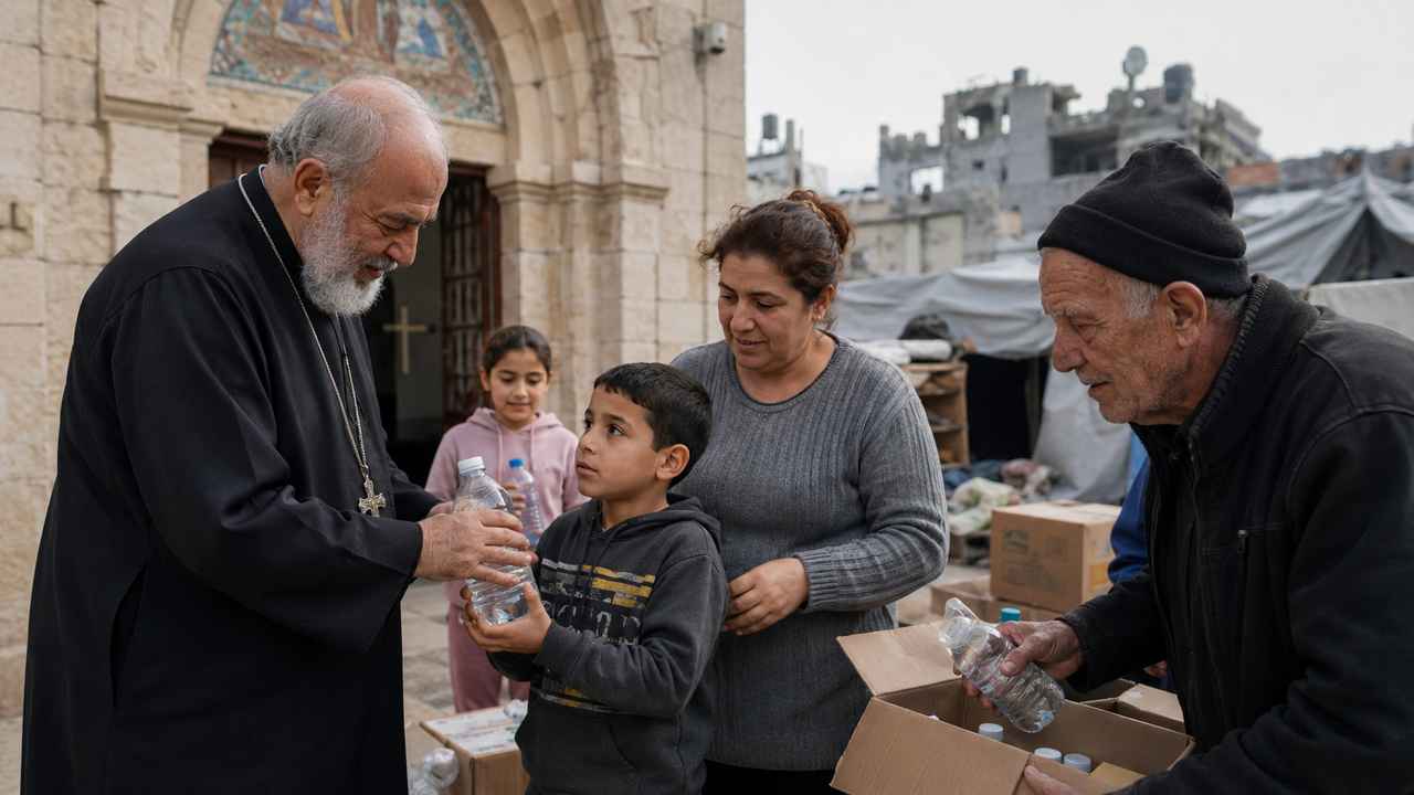 A Christian clergy member gives bottled water to a child outside a church while families stand near aid supplies and damaged buildings.