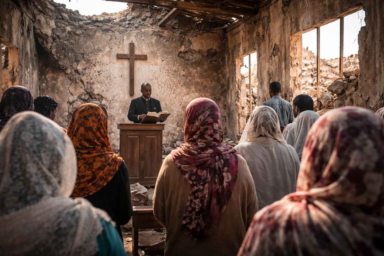 A pastor reads from an open Bible to a congregation standing inside a war-damaged church in Sudan, with broken walls, a wooden cross, and daylight streaming through the ruined roof.
