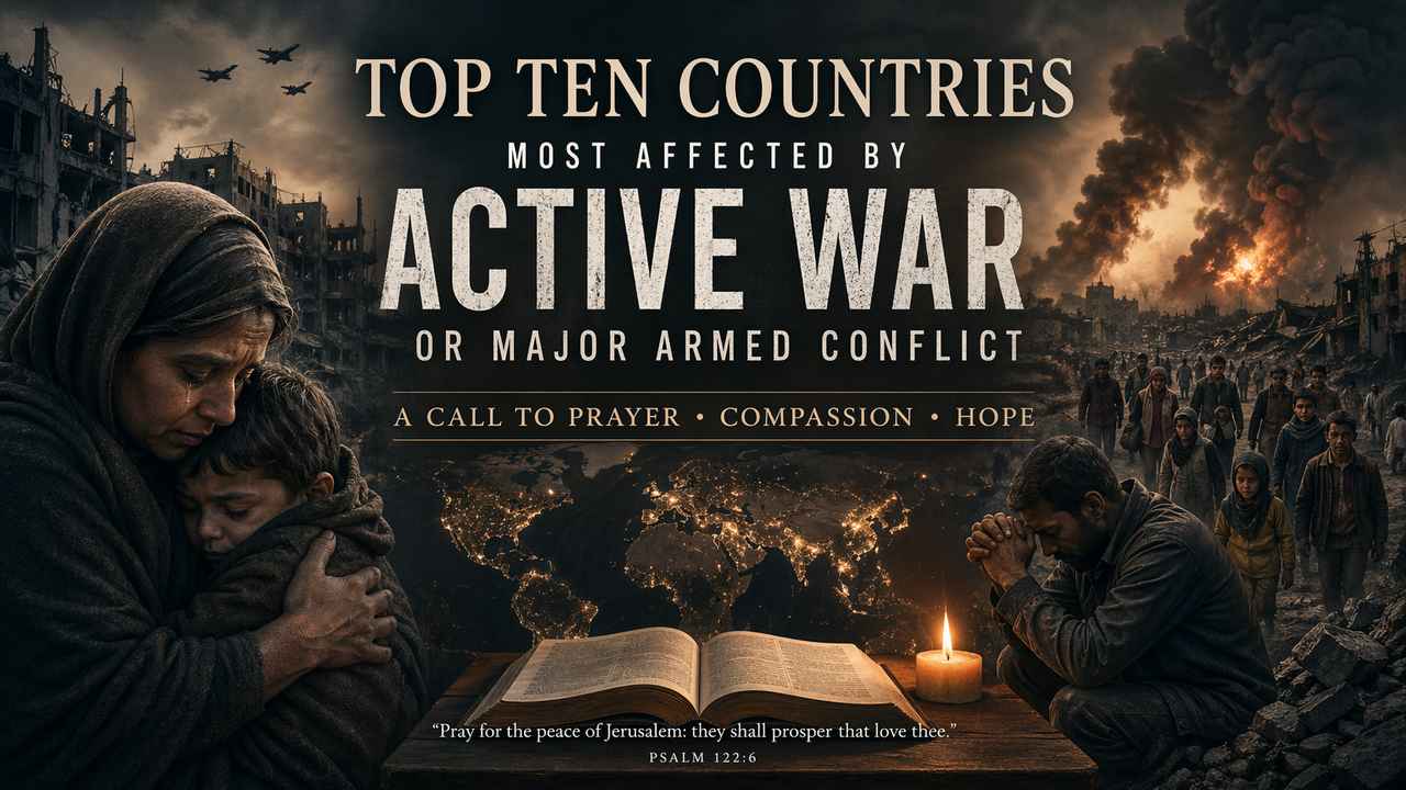 A somber editorial scene showing civilians moving through a war-damaged urban street at dusk, reflecting the burden of prayer for countries affected by active war and major armed conflict.